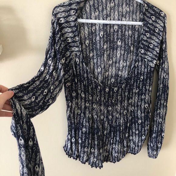 Navy & white printed long sleeve wide neck tee - Picture 1 of 3